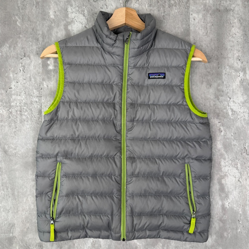 Patagonia Down Sweater Vest Boys L 12 Gray Green Puffer Full Zip 600 Fill